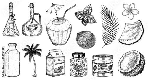 Coconut and palm leaf, Milk packaging, glass bottle, butter, cosmetic cream jar, cocktail with umbrella. Vintage style. Tropical food illustration