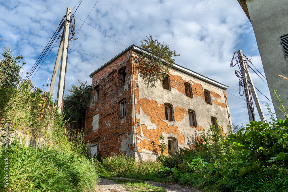 Rozdil, Ukraine - august, 2021: the ruins of Synagogue in Rozdil.