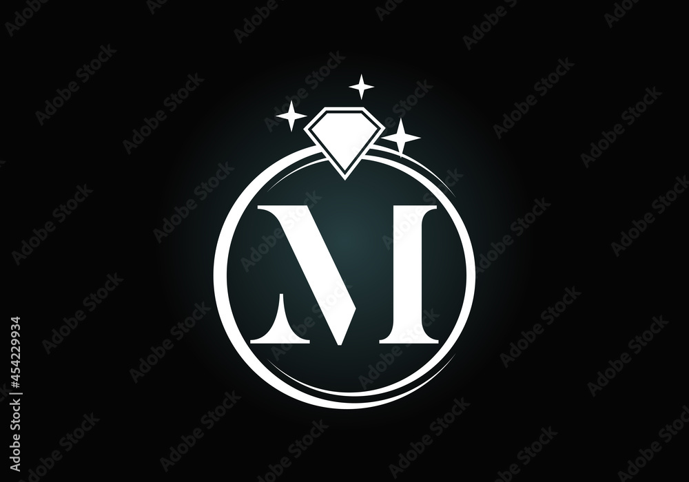 Fototapeta premium Initial M monogram letter alphabet in a circle with Diamond. Diamond Ring Logo. Jewelry logo design concept. Modern vector logo for business and company identity.
