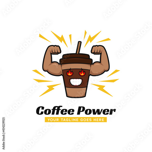 Coffee power gym logo, coffee cup with strong big arm muscle logo icon mascot illustration