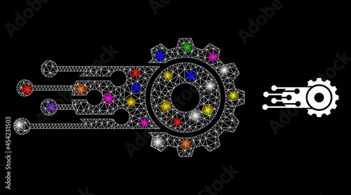 Glossy mesh transition gear constellation icon with lightspots. Illuminated vector model based on transition gear icon. Sparkle frame mesh transition gear on a black background. photo