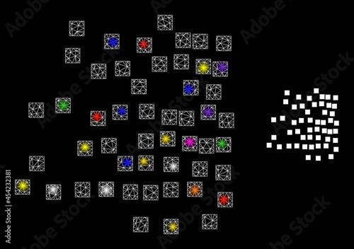 Glowing network scattered square particles constellation icon with light spots. Illuminated vector constellation based on scattered square particles icon.