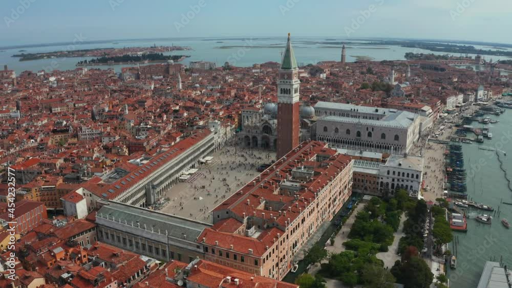 Aerial panoramic scenic view of iconic and unique Campanile in Saint Mark's square or Piazza San Marco, Venice, Italy Aerial panoramic scenic view of iconic and unique Campanile in Saint Mark's square or Piazza San Marco, Venice, Italy