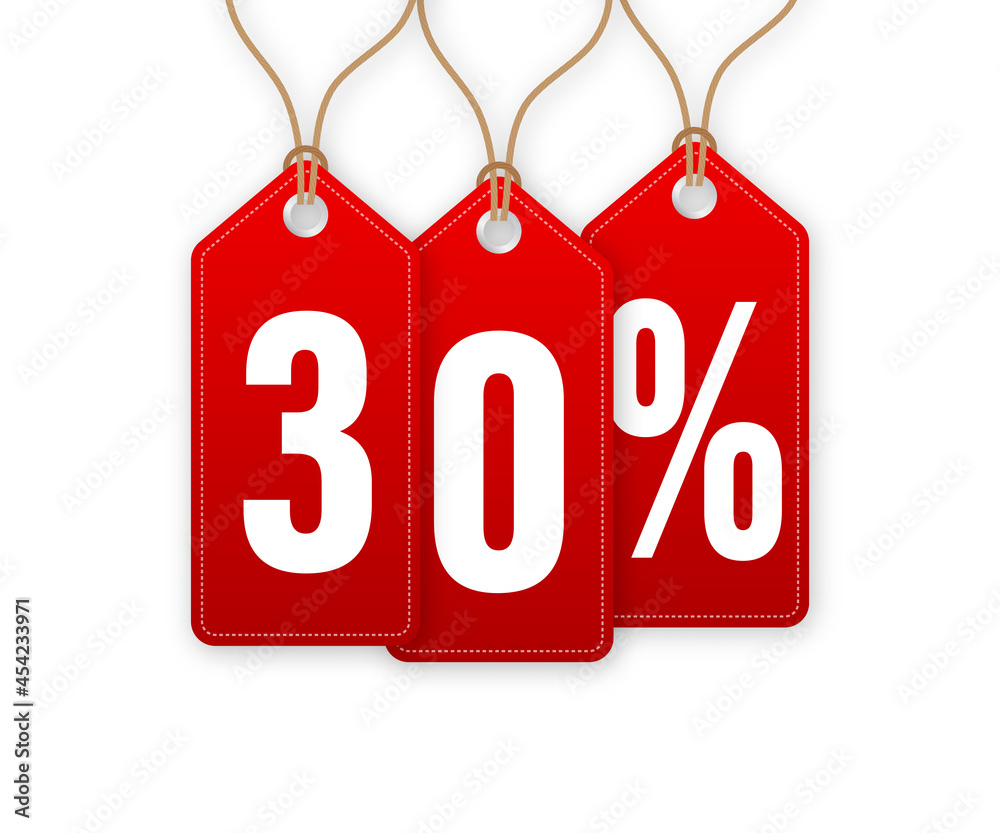 Discount Tag -30 percent off. Hangtags Sale. Vector illustration.