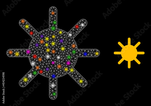 Glowing net sun rays constellation icon with lightspots. Illuminated vector constellation based on sun rays picture. Sparkle carcass mesh sun rays on a black background.