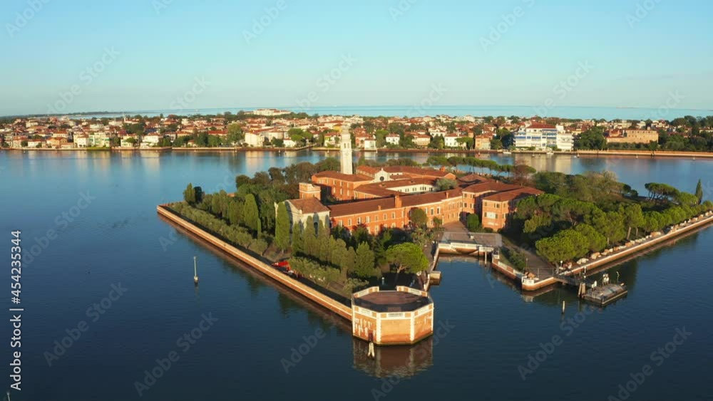 Flying over small Venice islands located in the middle of the Venetian lagoon. Beautiful aerial view of Venice. Flying over small Venice islands located in the middle of the Venetian lagoon. Beautiful aerial view of Venice.