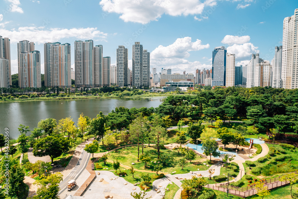 View of modern buildings and Gwanggyo Lake Park in Suwon, Korea