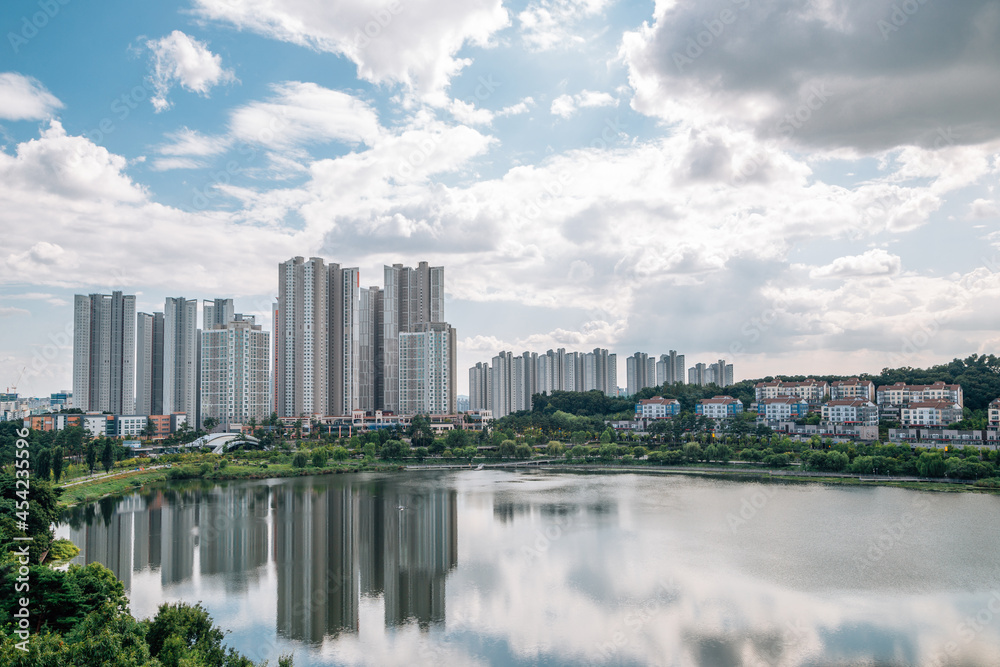 View of modern buildings and Gwanggyo Lake Park in Suwon, Korea View of modern buildings and Gwanggyo Lake Park in Suwon, Korea