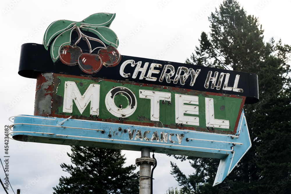 Polson, Montana August 18, 2021 Retro neon sign for the Cherry Hill