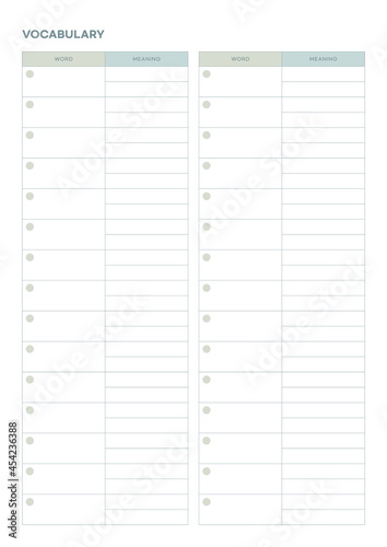 Note, scheduler, diary, calendar planner document template illustration. vocabulary form.