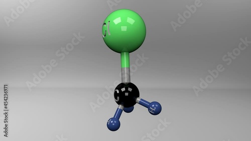 Chloromethane molecule. Molecular structure of methyl chloride, colorless, toxic gas previously used as refrigerant and recently detected in space. Alpha channel. photo