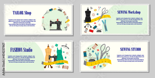 A set of flyers for a sewing workshop. Scenes with tailor tools - a mannequin, a sewing machine, threads and needles and other elements. Vector illustration. For tailor shops, sewing shops, tailors