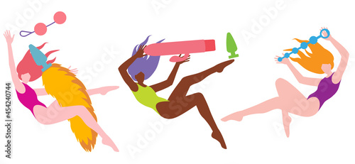 A colorful set with the silhouettes of women with big sex toys. Vector flat illustration for healthcare magazines and sex-shops.