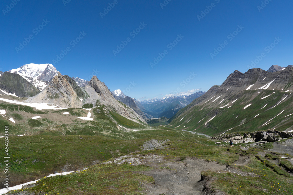Panoramic view of relaxing mountain scenery with mountains in the background and meadow, grass, and rocks on a nice, sunny day