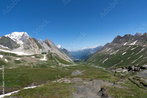 Panoramic view of relaxing mountain scenery with mountains in the background and meadow, grass, and rocks on a nice, sunny day