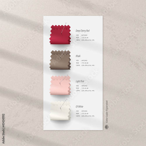 Fabric color swatches mockup with needle on white paper againts concrete wall. Realistic fabric vector photo