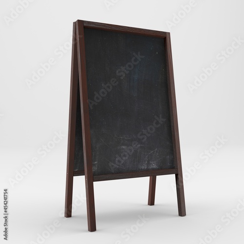 Empty chalk board in a wooden frame on a light background. Place for your text or message. Pavement sign. Blackboard A-boards. 3d rendering