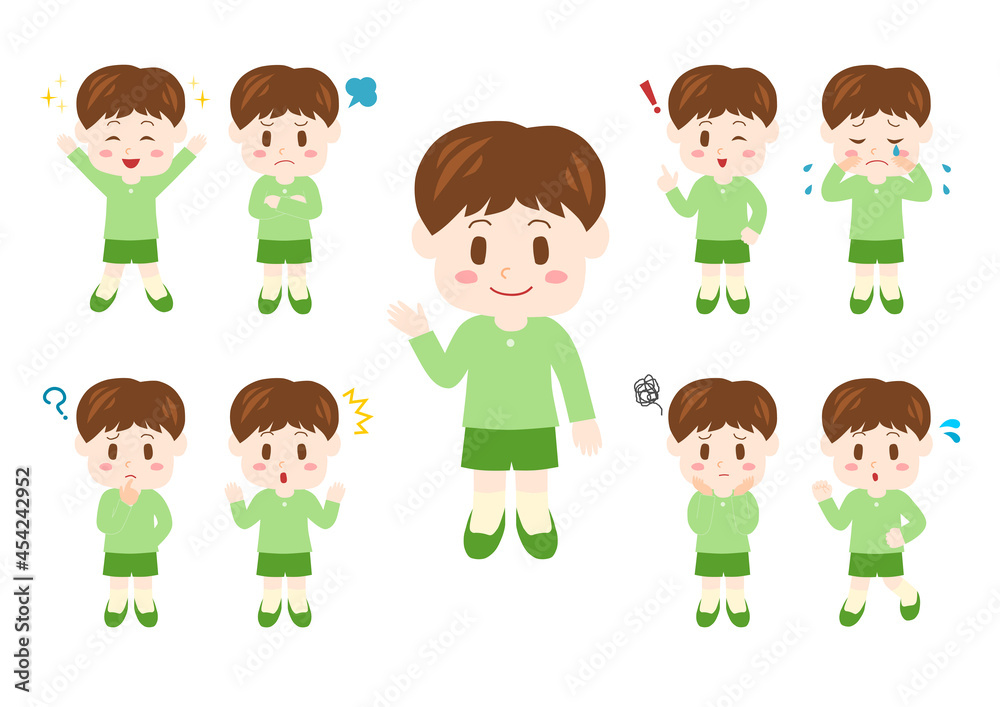 幼い男の子のポーズと表情のイラスト: 全身セット 幼い男の子のポーズと表情のイラスト: 全身セット