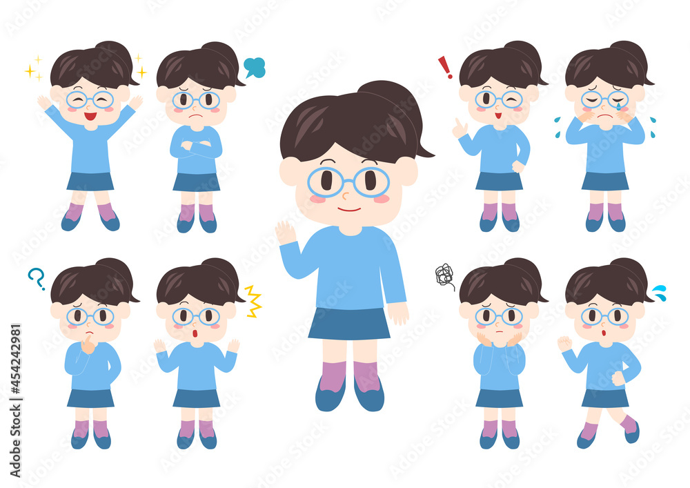 メガネをかけた女の子のポーズと表情のイラスト: 全身セット 