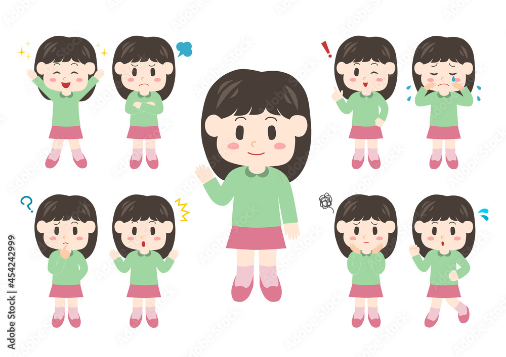 幼い女の子のポーズと表情のイラスト: 全身セット 幼い女の子のポーズと表情のイラスト: 全身セット