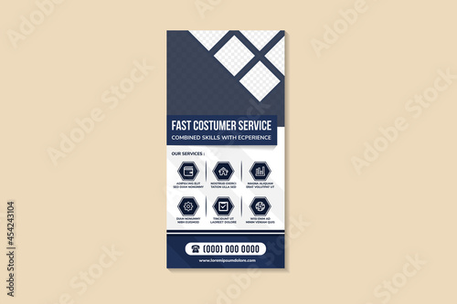 fast costumer services roll up banner design template use vertical layout. white background combined with diagonal grey and blue rectangle colors elements. square shape for space of photo collage.