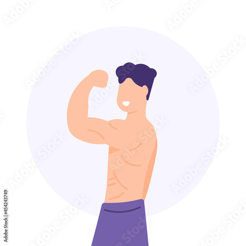 the concept of a bodybuilder, sports athlete, superhuman, muscular man. illustration of man showing muscles, hands, triceps, biceps and body. model. flat cartoon style. vector design
