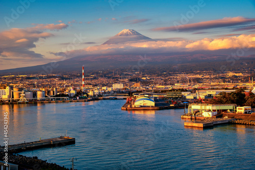 Mt. Fuji with Japan industry zone at sunset Shizuoka prefecture, Japan.