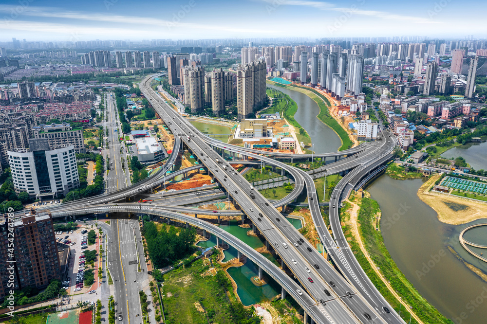 Naklejka premium Aerial view of traffic on city streets in daylight. NanChang.China.