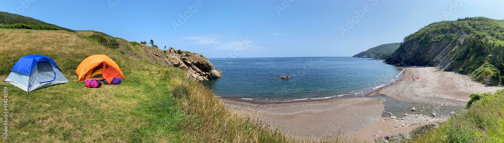 Panoramic view of Meat Cove campgrounds at the north tip of Cape Breton Island Nova Scotia

