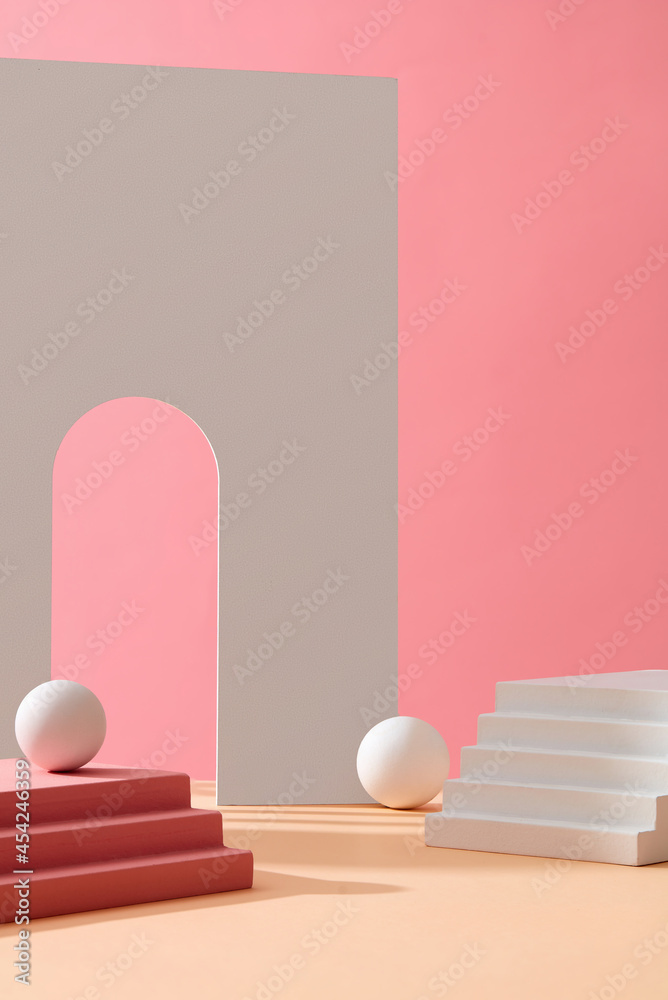 White arch wall with stairs and pink background, Podium, Product display. White arch wall with stairs and pink background, Podium, Product display.