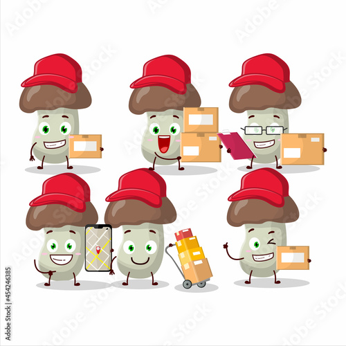 Cartoon character design of cep mushroom working as a courier