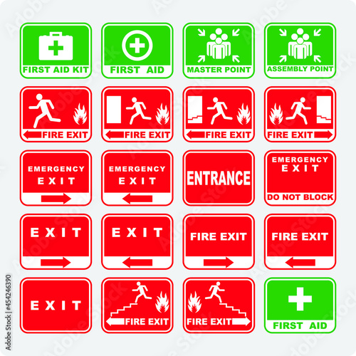 first aid kid, first aid, master point, assembly point, fire exit, emergency exit, entrance,
fire exit, sticker vector