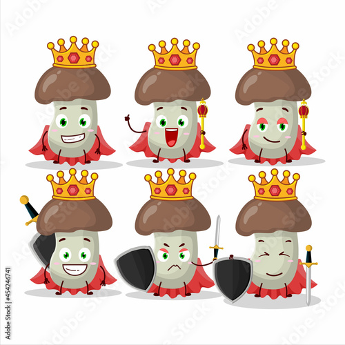 A Charismatic King cep mushroom cartoon character wearing a gold crown