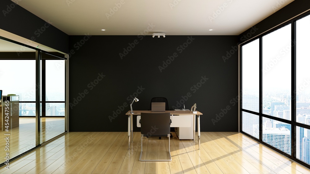 Fototapeta premium 3d office minimalist room with wooden design interior
