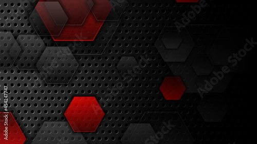 Red and black hexagons on dark perforated background
