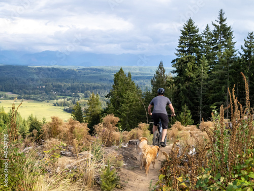 Man riding a mountain bike with his dogs.  photo