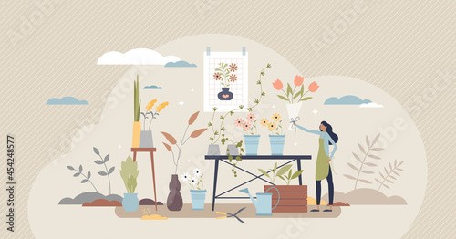 Florist occupation as professional flower bouquet seller tiny person concept. Creating pretty daisies, roses and tulips compositions and grown houseplants in pots store business vector illustration.