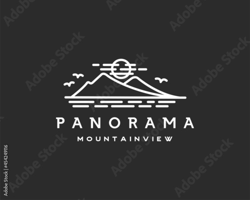 Vintage Retro Mountain Panorama Line Logo. Hipster Mountain logo design for Outdoor Adventure or tourist attraction