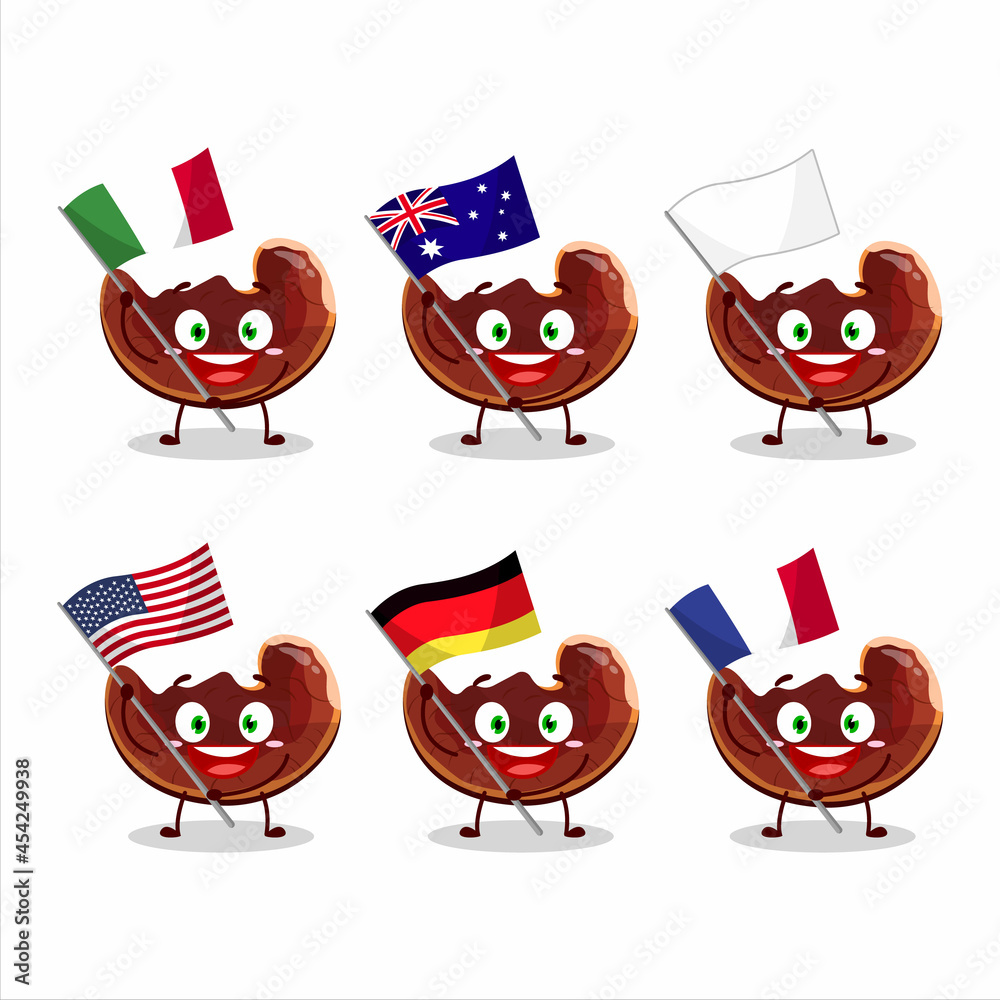 Fototapeta premium Lingzhi mushroom cartoon character bring the flags of various countries