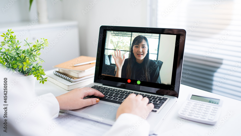 Video call  people online meeting with business partner group startup new normal lifestyle teleconference. happy woman using laptop for Video call and online service concept.