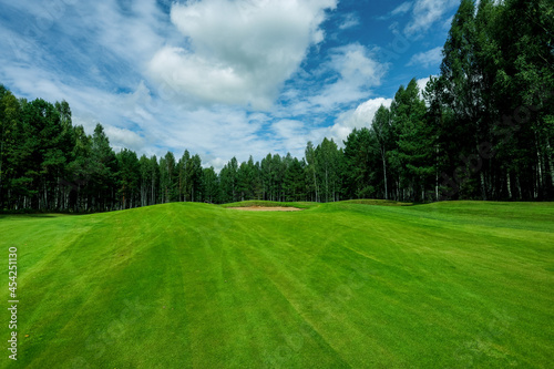 Golf course, landscape, green grass on the background of the forest and a bright sky with clouds. High quality photo