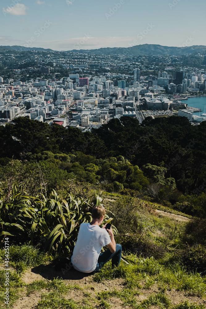 Male sitting at a lookout on mobile phone facing towards city of Wellington, New Zealand
