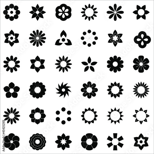 Black and white Flowers elements collection flat icon set