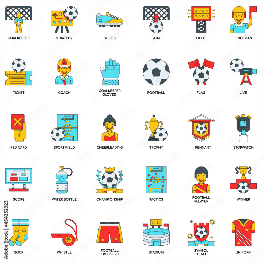Football Elements color collection flat icons
