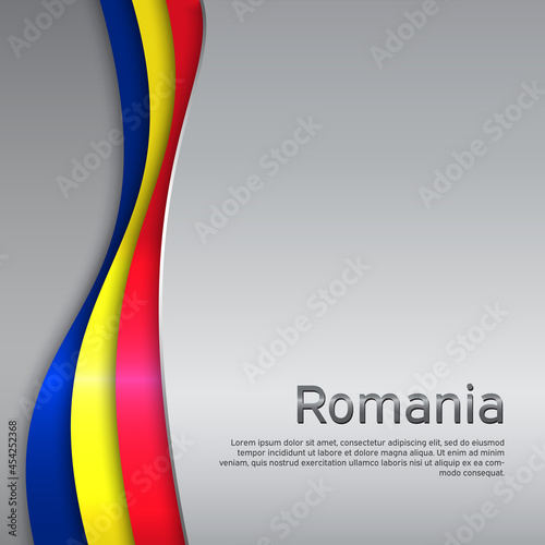 Abstract waving romania flag. Paper cut style. Creative metal background for patriotic, festive card design. National Poster. State romanian patriotic cover, booklet, flyer. Vector tricolor design photo