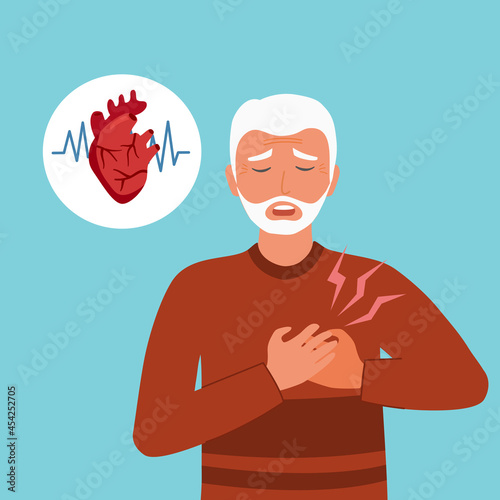 Senior man with heart attack symptom in flat design. Heart disease concept.	