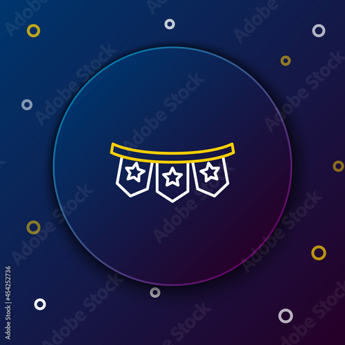 Line Carnival garland with flags icon isolated on blue background. Party pennants for birthday celebration, festival decoration. Colorful outline concept. Vector