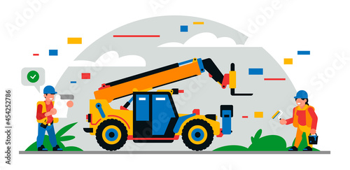 Construction equipment and workers at the site. Colorful background of geometric shapes and clouds. Builders, construction equipment, service personnel, telehandler, painter. Vector illustration.