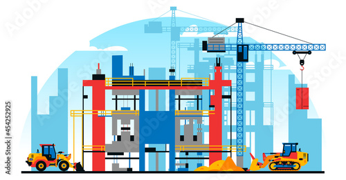 A building under construction against the background of a city under construction. A site with heavy commercial vehicles. Crane, sand. Vector illustration.