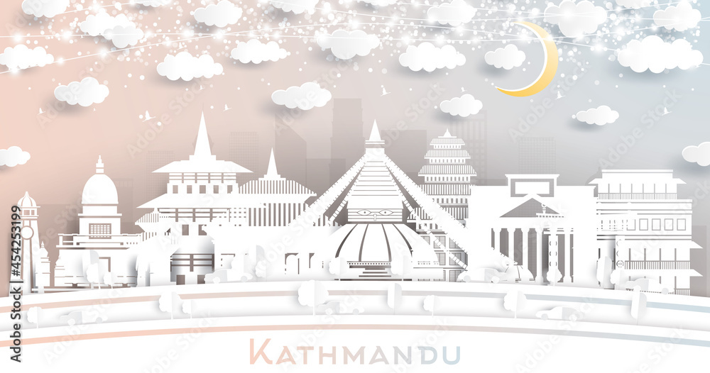 Kathmandu Nepal City Skyline in Paper Cut Style with White Buildings, Moon and Neon Garland.